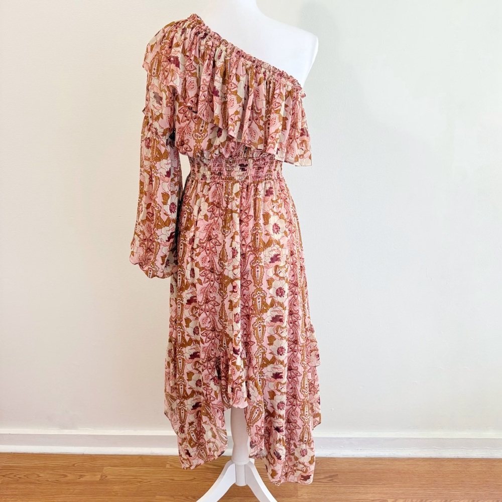 MISA VOLA PINK CREAM BROWN FLORAL RUFFLE ONE SHOULDER LONG SLEEVE MIDI DRESS - Picture 7 of 12